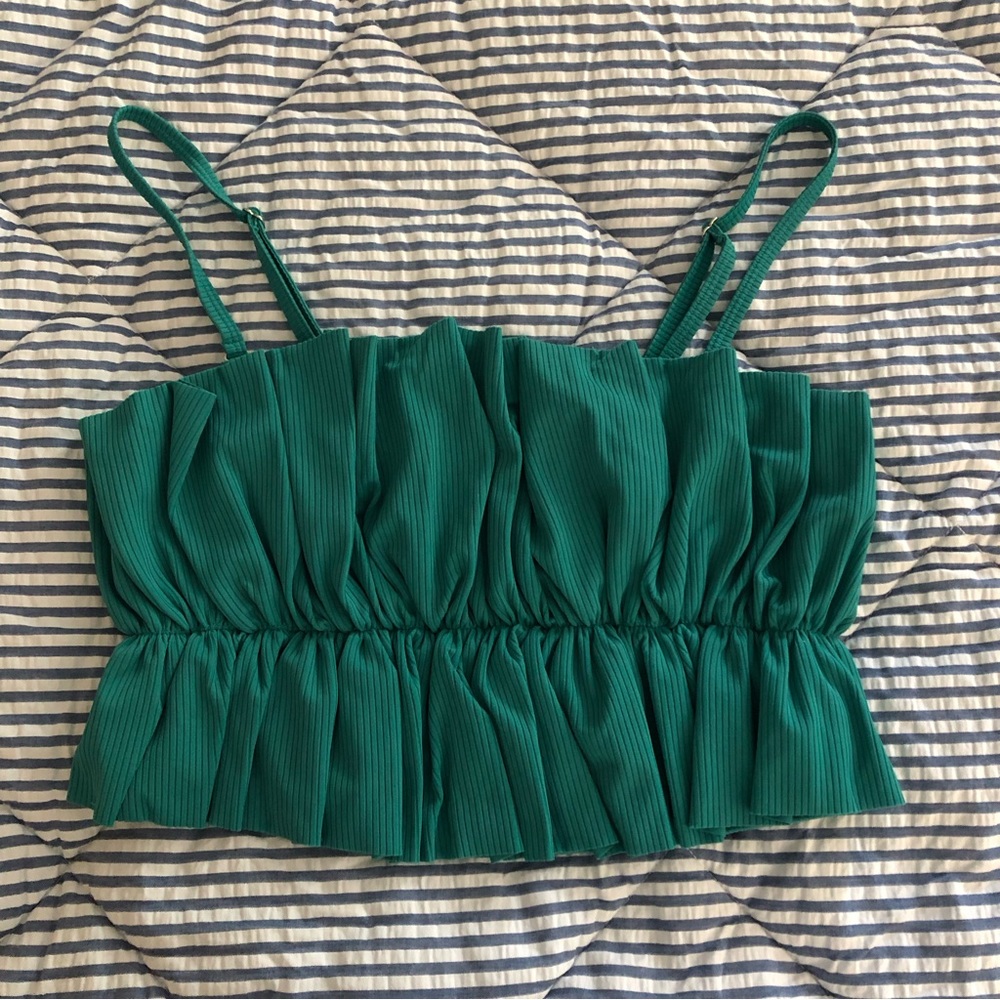Kortni Jeane Large Ribbed Teal Waves Oversized Ruffle Top NWOT